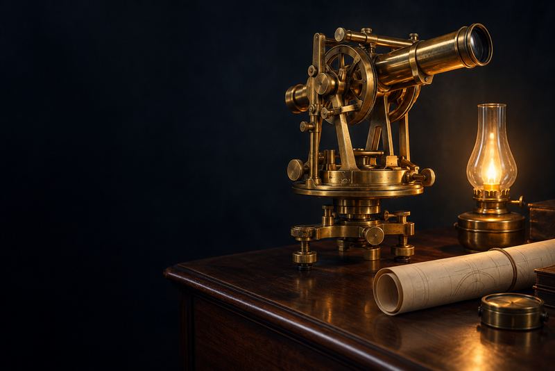 An antique brass theodolite and a rolled drawing on a dark wooden table, a small brass lamp beside them
