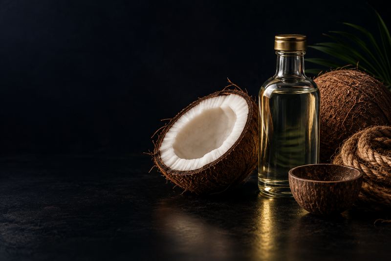A coconut cut open, a glass bottle of clear coconut oil with a gold cap, a coil of coir rope and a coconut-shell cup on black