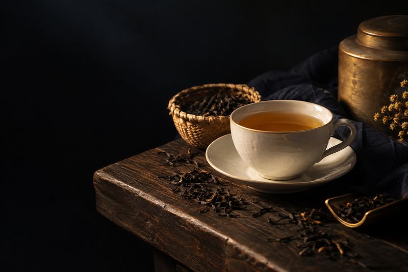 A white porcelain cup of golden tea on a saucer, loose black tea leaves and a small woven plucking basket on dark teak