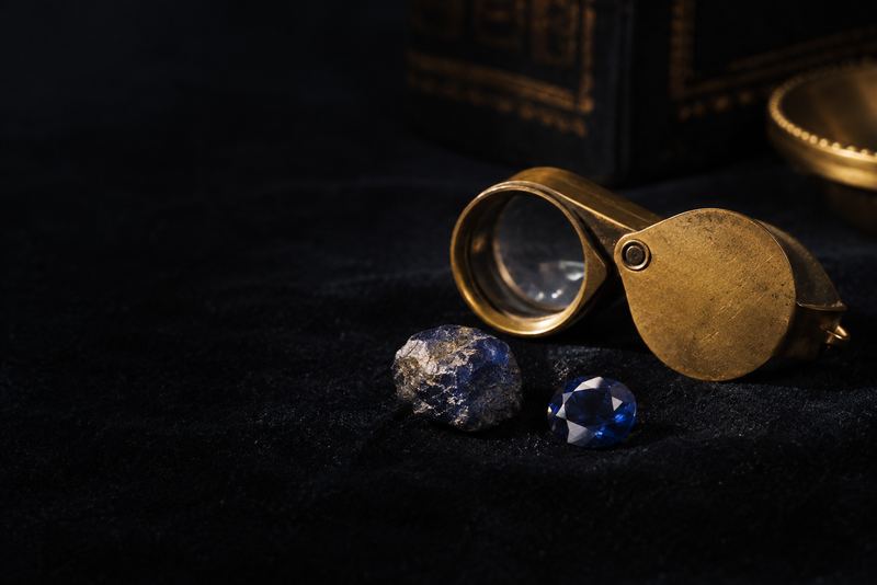 A jeweller's brass loupe, a rough blue sapphire and a cut blue sapphire on black velvet, one soft light