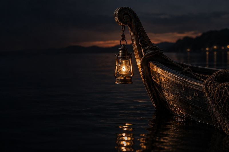 The carved wooden prow of a traditional fishing boat with a hanging lantern, on dark calm water at dusk