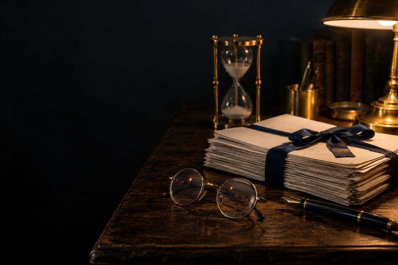 A stack of exam papers tied with a ribbon, a fountain pen and a pair of round spectacles on dark wood, one lamp