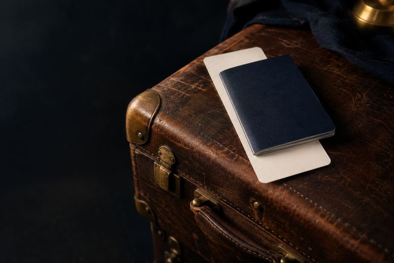 A plain navy passport with no emblem and a blank boarding card lying on an old leather suitcase, one soft light