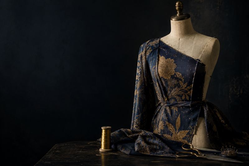 A dressmaker's form with a half-finished batik garment in indigo and gold, a spool of gold thread and scissors on a dark table
