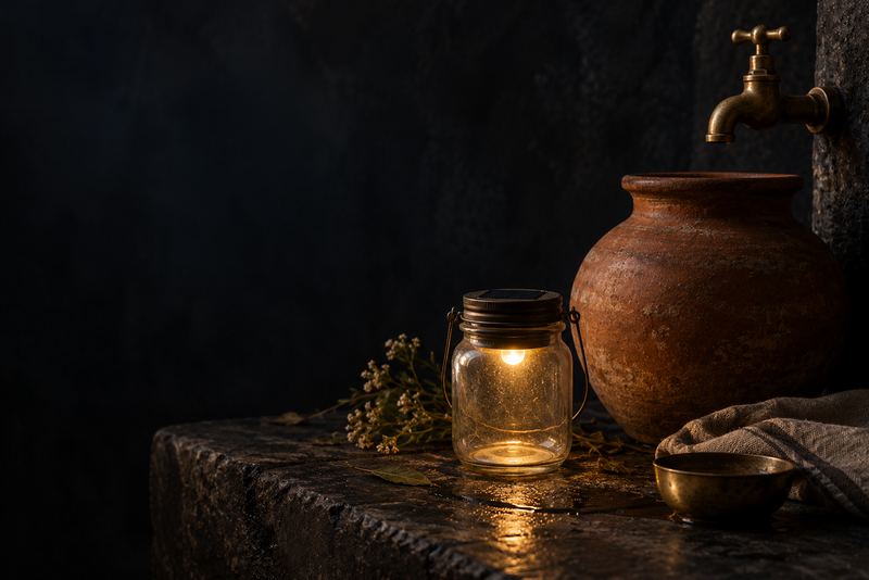 A small solar lamp glowing inside a glass jar, a brass water tap and a clay water pot on dark stone