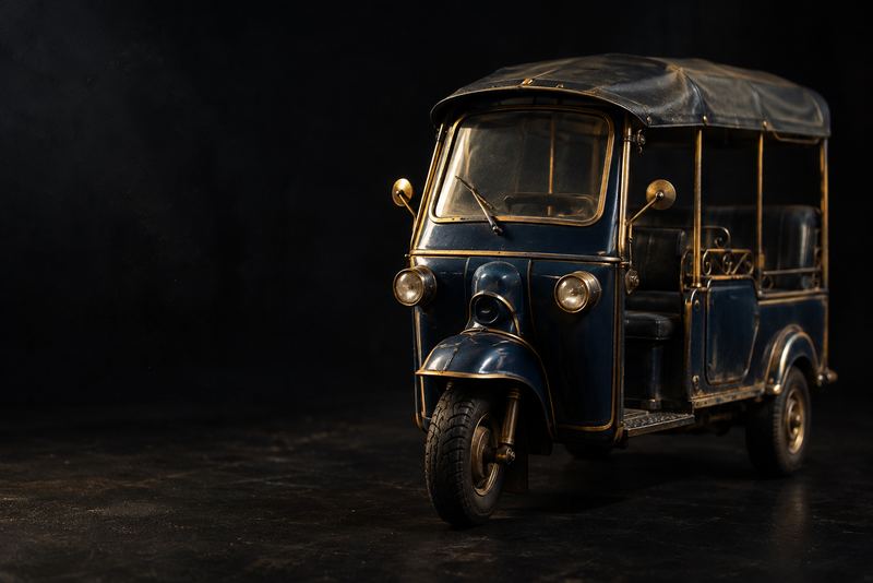 A three-wheeler tuk-tuk in deep navy with gold trim, photographed on black like a product, one soft light