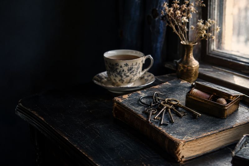 A ledger book, a ring of keys, a small sewing tin and a cup of tea on a dark table by a window, morning light