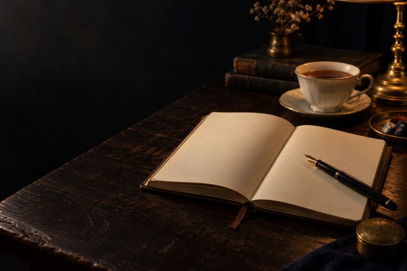 An open blank notebook with a fountain pen and a cup of tea on dark teak, warm lamplight, an empty page waiting