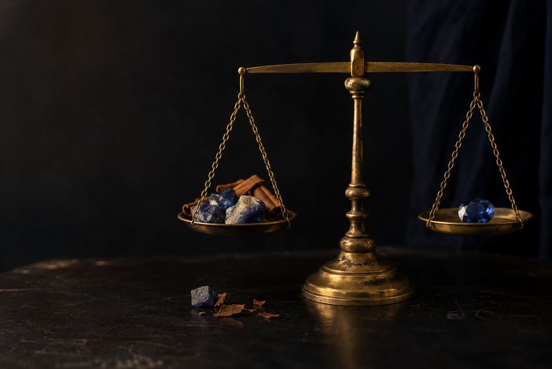 කළු පසුබිමක පුරාණ පිත්තල තරාදියක්: එක් තැටියක කපා නැති නිල් මැණික් සහ කුරුඳු, අනෙක් තැටියේ කපා ඔප දැමූ එක් නිල් මැණිකක්, තැටි දෙකම හරියටම සමබරව