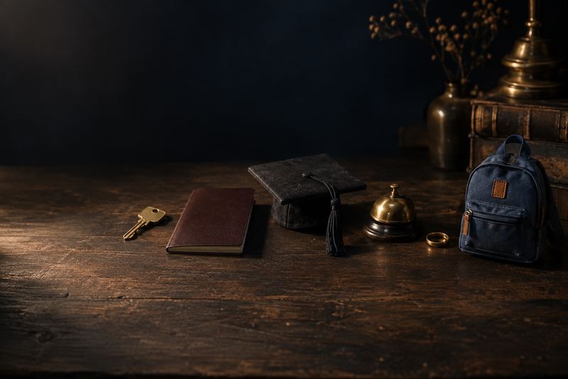 අඳුරු ලී මත පෙළට තැබූ කුඩා දේවල් හයක්: නිවසක යතුරක්, ගමන් බලපත්රයක්, උපාධි තොප්පියක්, කඩයක සීනුවක්, විවාහ මුද්දක්, දරුවෙකුගේ පාසල් බෑගයක්, එක් මෘදු එළියක්