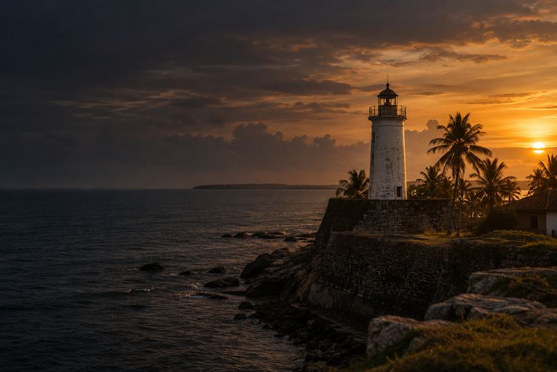 A white lighthouse on old fort ramparts at golden hour, palms and the sea, dark warm sky