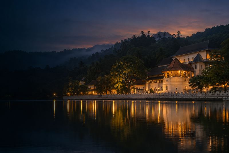 Kandy Lake in Sri Lanka at dusk with the Temple of the Tooth on its shore: a white two-storey Kandyan building with an octagonal pavilion and red clay-tiled roofs, the low white wave-patterned wall along the lake edge, misty green hills behind, warm lamps reflected in the still water. Kandyan architecture, NOT Chinese or Japanese pagodas