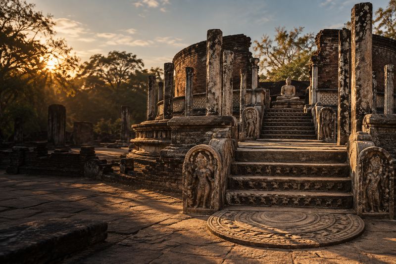 The ancient Vatadage of Polonnaruwa, Sri Lanka, at golden hour: a round raised stone terrace with concentric rings of slender weathered grey stone pillars, a carved semicircular moonstone at the foot of the steps, old brick walls, dry-zone trees, long shadows, no people. Sri Lankan ruins, NOT Greek or Roman columns, NO cypress trees
