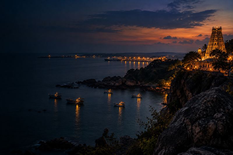 Trincomalee, Sri Lanka, at dusk seen from Swami Rock: a deep blue natural harbour below a steep dark cliff, a South Indian style Hindu temple tower (gopuram) with warm lights on the headland, small fishing boats with lanterns on the water below. NOT a Greek or Mediterranean temple