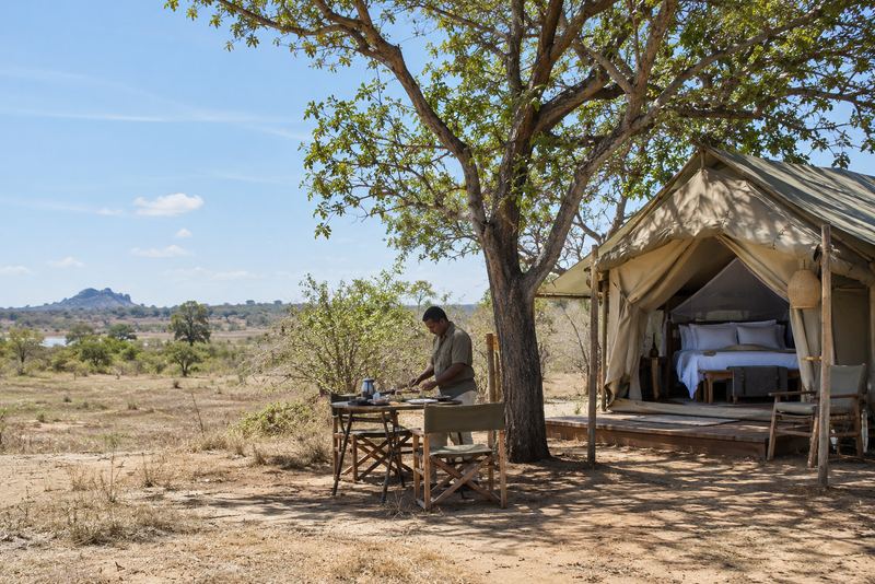 A safari tent in the dry zone with lunch being laid