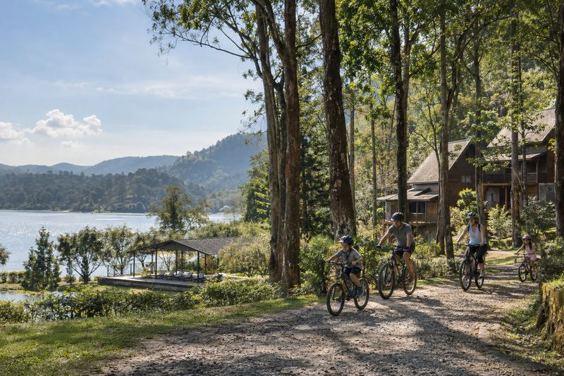 A family cycling past forest lodges towards a sunny lake