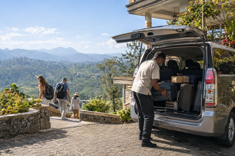 A driver loading suitcases outside a hill-country hotel