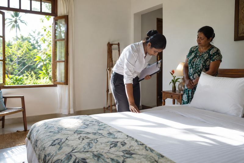 An inspector checking a guesthouse bed with a clipboard