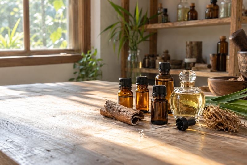 Bottles of Sri Lankan oils beside an unlabelled perfume bottle