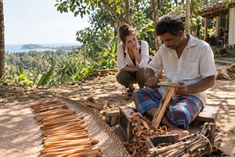 A cinnamon peeler at work while a visitor watches near Galle