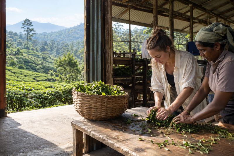 A visitor hand-rolling tea leaves in a sunny estate shed