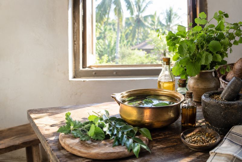 Herbs steeping in coconut oil on a sunny kitchen table