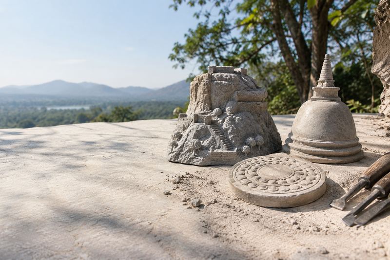 Carved stone miniatures of Sigiriya, a dagoba and a moonstone