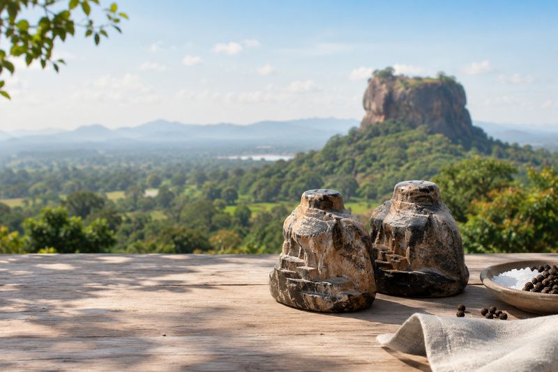 Stone salt and pepper shakers shaped like Sigiriya rock