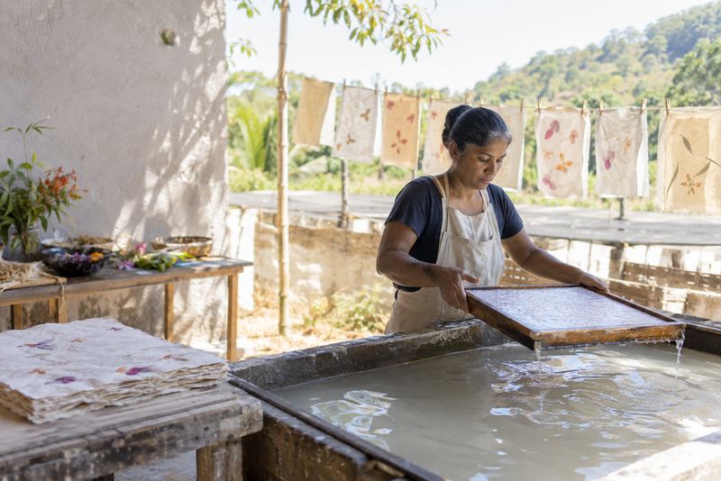 A papermaker lifting a wet sheet of handmade paper