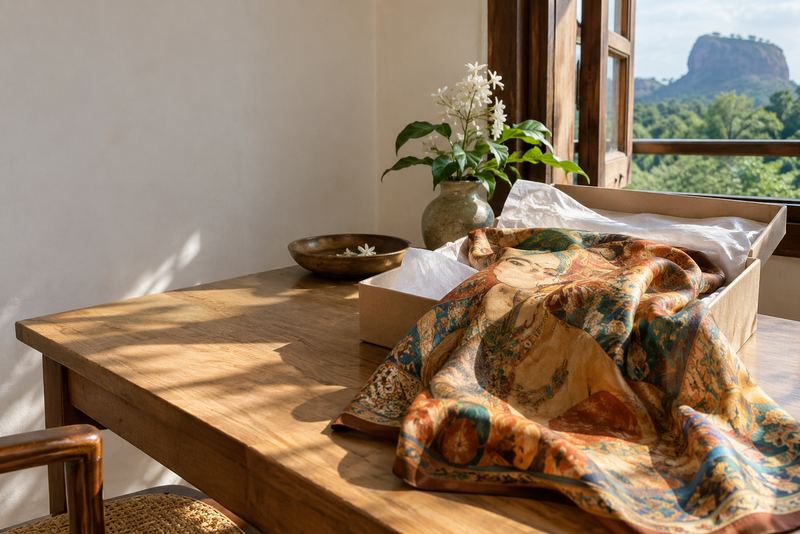 A silk scarf with Sigiriya fresco patterns in a gift box
