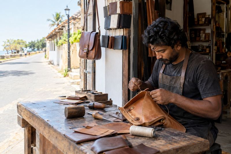 A leatherworker stitching a tan bag at an open shopfront