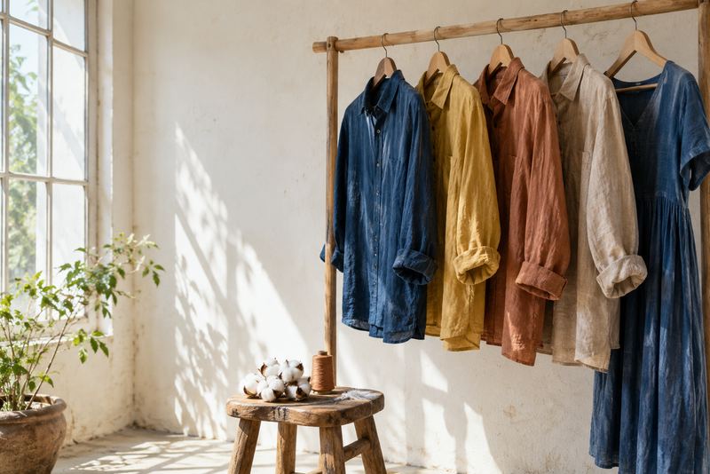 Organic cotton clothes in natural dyes on a sunny rail