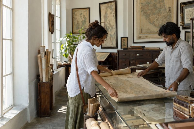 A buyer unrolling an antique map of the island in a shop