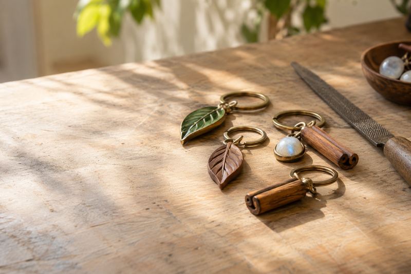 Handmade key rings shaped as a moonstone, tea leaf and quill