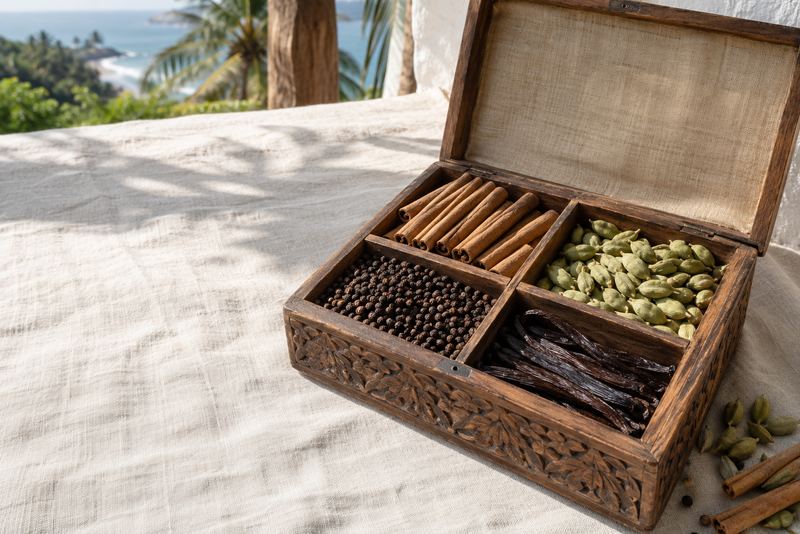 An open carved spice box of cinnamon, cardamom, pepper and vanilla