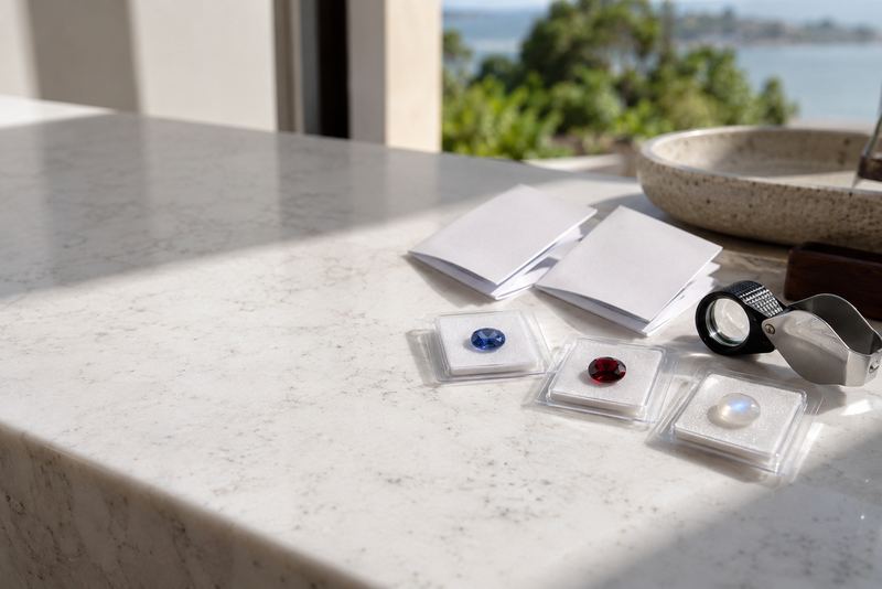 A sapphire, garnet and moonstone sealed in cards with reports