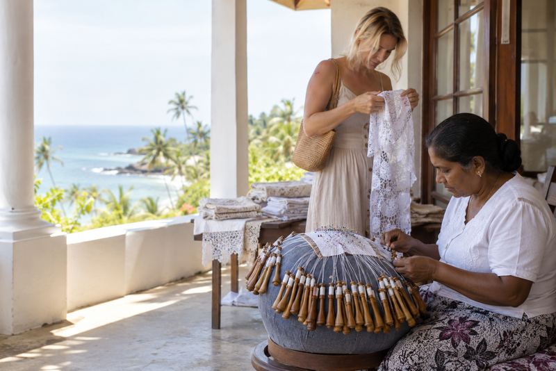 A lacemaker working Beeralu bobbins on a sunny veranda