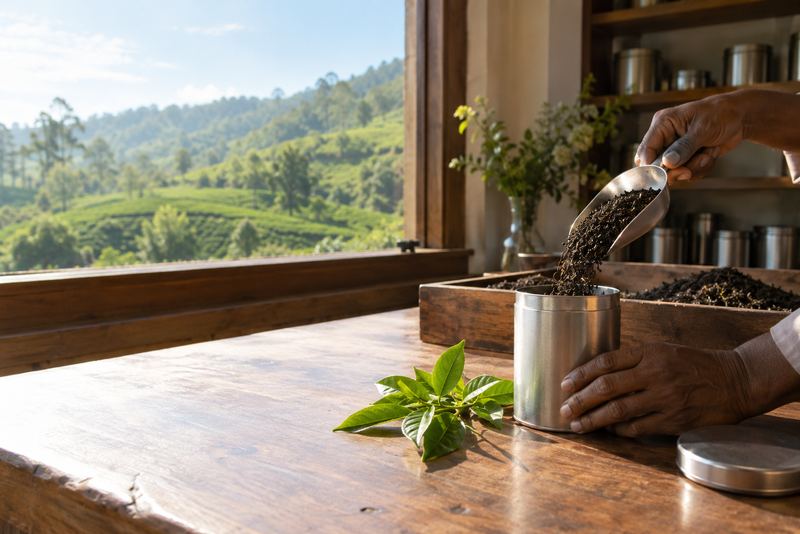 A small tea tin being filled at a tea-factory counter