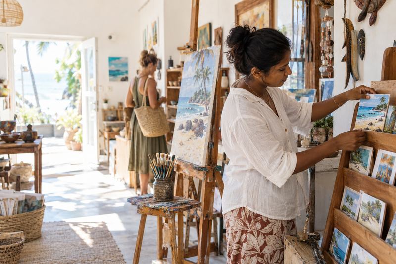 ජීවත්ව සිටින ශ්රී ලාංකික කලාකරුවන්ගේ තැපැල්පත් සහ මුද්රිත චිත්ර, කලාකරුවාගේ නම සහ කතාව සමඟ විකුණන