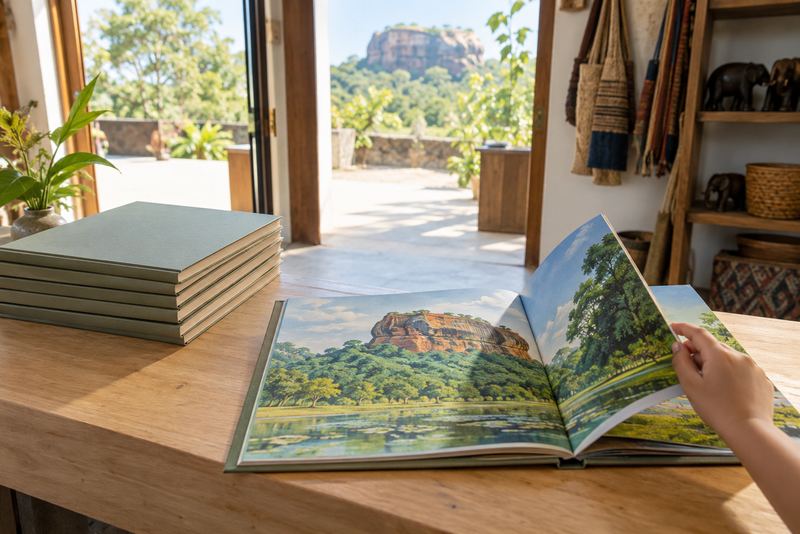 A child turning the page of a Sigiriya picture book