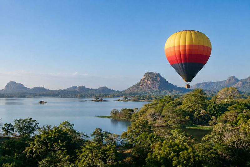A hot air balloon over forest and a reservoir near Dambulla