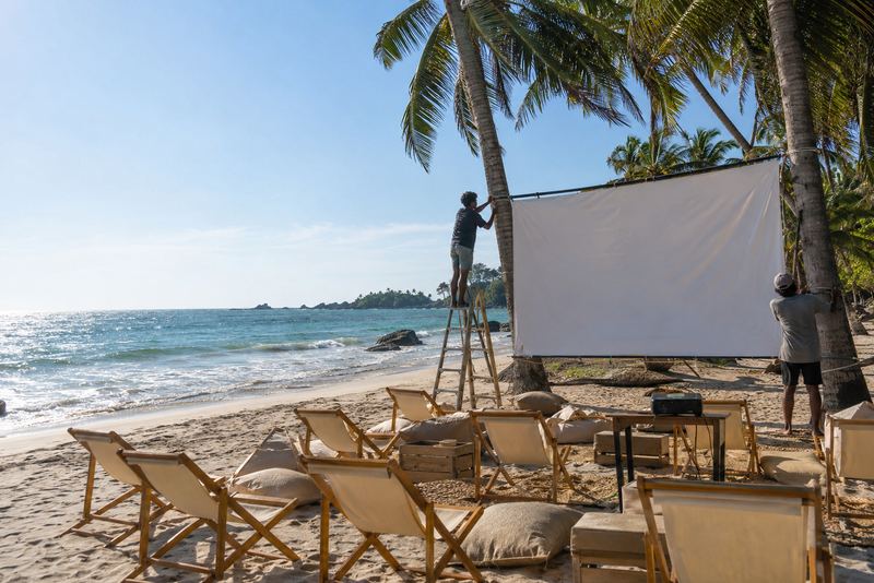 A crew setting up a beach cinema screen between palms