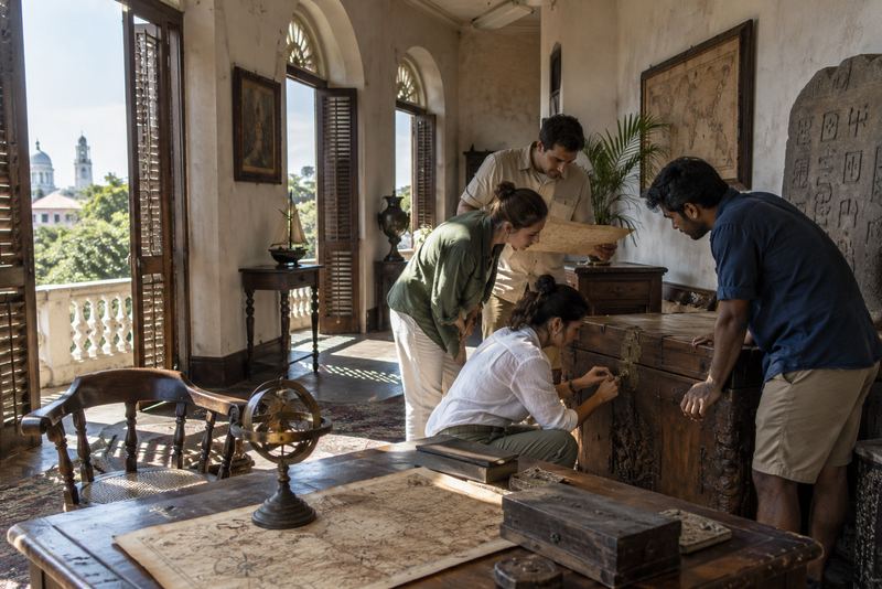 Players trying a key on a carved chest in an escape room