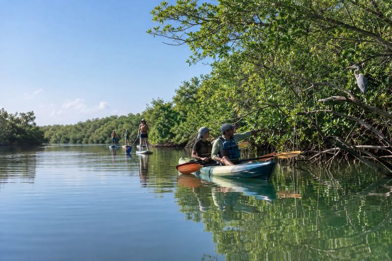 A naturalist leading kayakers through sunny lagoon mangroves