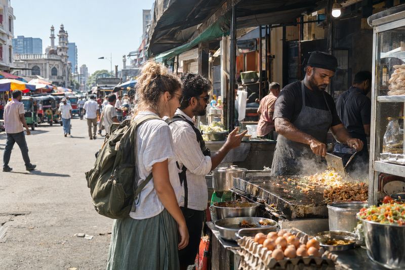 A guide showing a visitor a kottu stall at lunchtime
