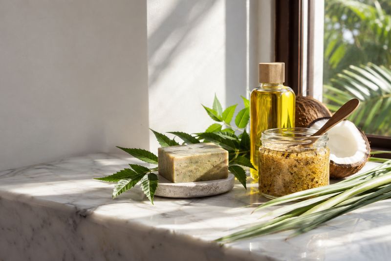 Herbal soap, scrub and bath oil with neem and lemongrass