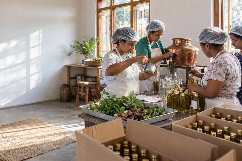 Workers bottling herbal hair oil for export in a bright room