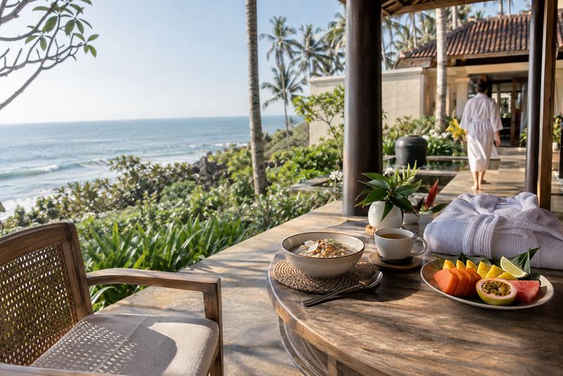 Herbal porridge, fruit and a robe on a sunny seaside veranda