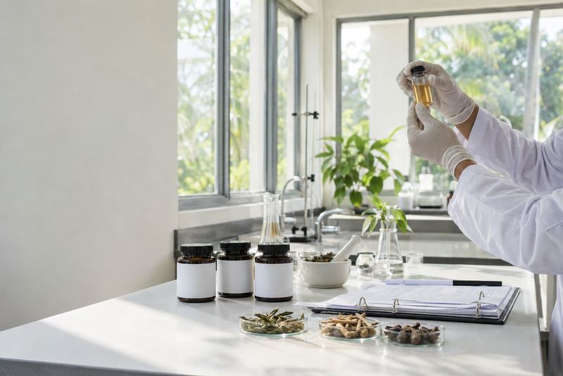 A scientist holding a herbal extract beside three product jars