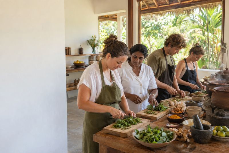 Students chopping herbs at an Ayurvedic cookery class